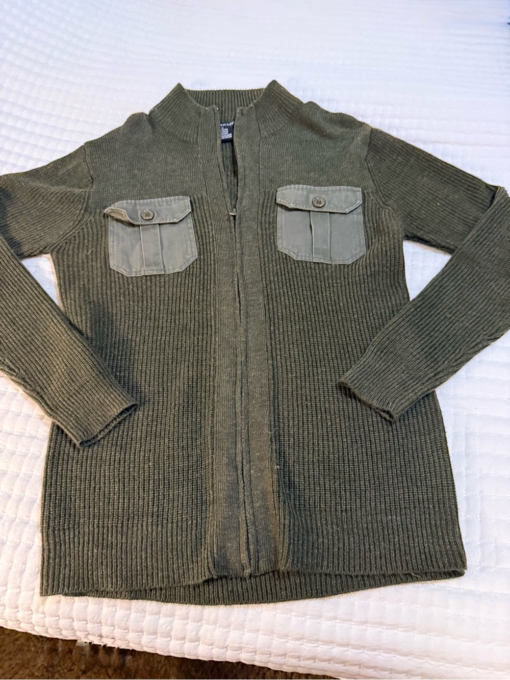 Studio Olive Ribbed Full-Zip Sweater with Chest Pockets